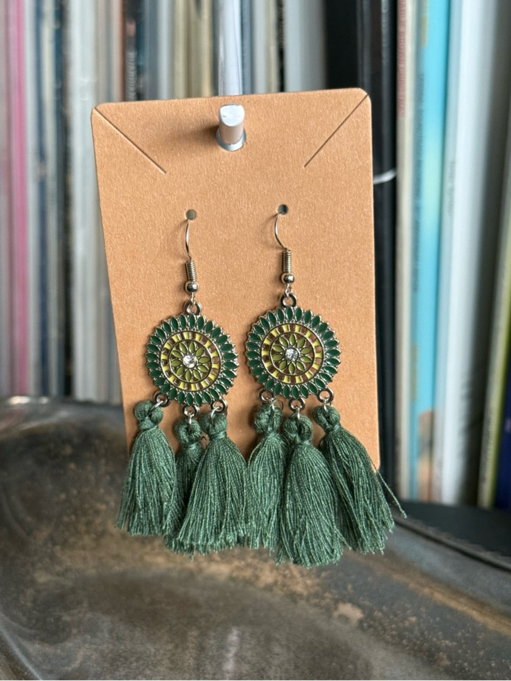 Rock & Vibe Boho Hippie Silver Green Tassel Medallion Drop Earrings